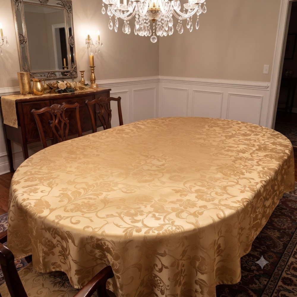 Vintage Gold Damask Oval Tablecloth 8ft and 12 Matching Napkins Set 13pc Floral